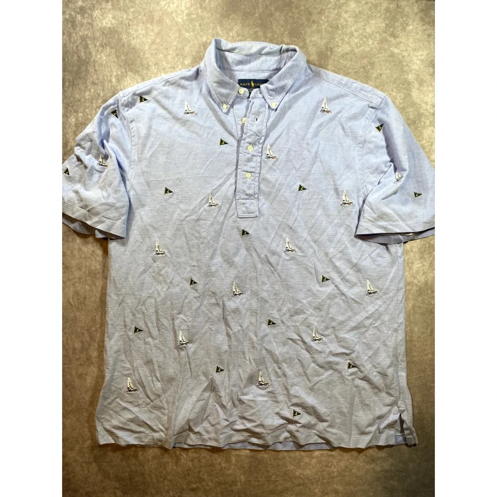 Polo‎ Ralph Lauren Shirt Mens XLT Blue Knit Oxford Sail Boat All Over Print